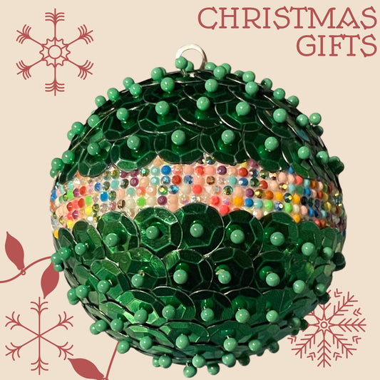 Green metallic sequin ornament with multi colored border 2.5”