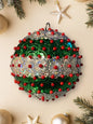 Green and holographic silver sequin ornament with red pins 2.5”